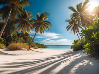 Obraz premium Beautiful tropical beach banner design. White sand and coco palms travel tourism comprehensive panorama background concept design. Amazing beach landscape