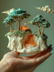 Hand Holding A Miniature Fantasy Forest Sculpture with Clouds and Waterfall