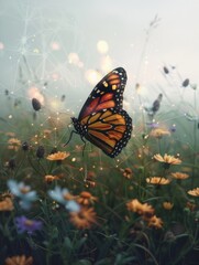 Monarch butterfly in a dewy flower field - An ethereal image showing a Monarch butterfly amidst dew-covered flowers, illustrating the delicate balance of nature - obrazy, fototapety, plakaty