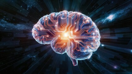 Fototapeta premium Brain anatomy illustration with circuit lines, 3d render, vibrant, art, design, wallpaper, background, Generative Ai.