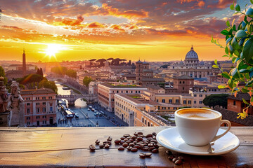 Espresso streams into a cup, beans around, with a lively Rome street scene unfolding at sunset - obrazy, fototapety, plakaty