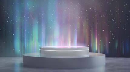 A magical holographic aurora cascades over a white podium set against a starry backdrop, evoking wonder and enchantment. - obrazy, fototapety, plakaty