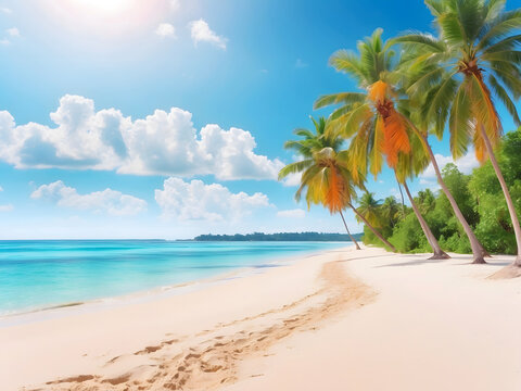 Beautiful tropical beach banner design. White sand and coco palms travel tourism comprehensive panorama background concept design. Amazing beach landscape