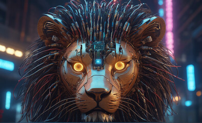 futuristic cyberounk city, futuristic scifi mechanical lion with many electric wires, detailed face, a mechanical eye, dynamic angle