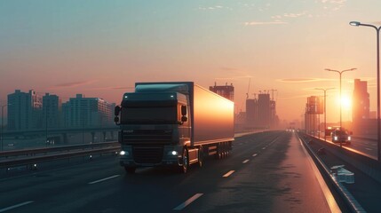 Panoramic a truck cargo vehicle transportation on the city highway at evening scene. AI generated - obrazy, fototapety, plakaty