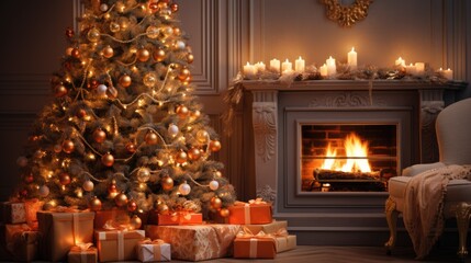 Fototapeta na wymiar Cozy Christmas Eve Scene with Decorated Tree and Fireplace