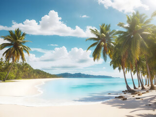 Fototapeta na wymiar Beautiful tropical beach banner design. White sand and coco palms travel tourism comprehensive panorama background concept design. Amazing beach landscape