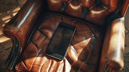 A leather chair with a cell phone on it