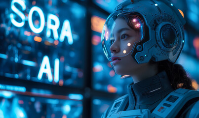 Futuristic Female Cyborg with Advanced Combat Suit Helm Gazing at SORA AI Sign, Symbolizing Intersection of Humanity and Artificial Intelligence