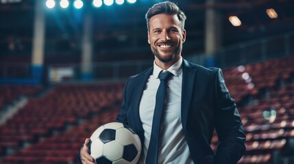 Portrait happy smiling businessman in formal wear holding a soccer ball in stadium. AI generated