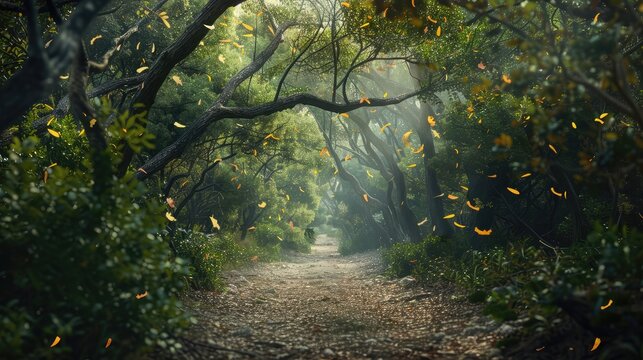A serene forest path with leaves and branches suspended in mid-air, showcasing the beauty of nature in a time-slice image,