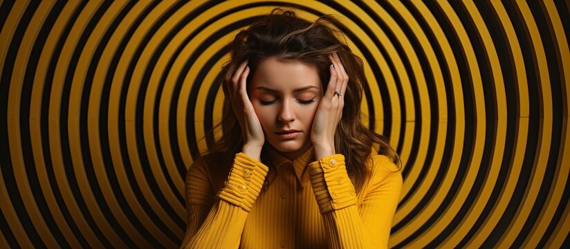 A woman's hand on her head cuts down dizzy headache spinning dizzy feeling. The concept of vertigo disease.