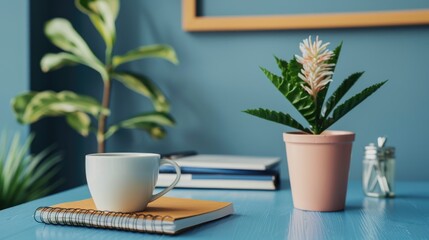 A white coffee cup sits on a table next to a potted plant and a notebook. Concept of calm and productivity, as the coffee cup suggests a morning routine or a break from work