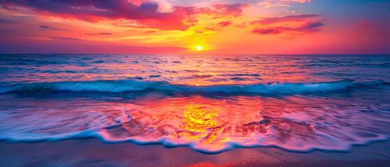Summer Sunset, Dramatic Ocean Sunset with Vibrant Orange and Pink Hues, Evoking Awe and Beauty in Nature's Splendor.
