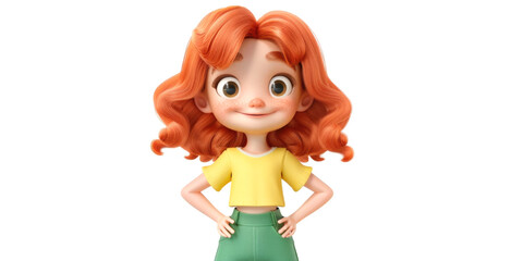 Fototapeta premium A cartoon girl with red hair and a yellow shirt. She is smiling and looking at the camera