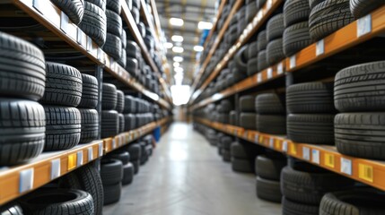Many new car tires row in rack the warehouse building. AI generated image - obrazy, fototapety, plakaty