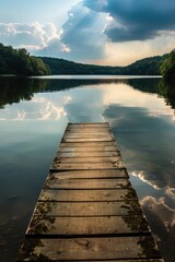 A serene lakeside scene with a wooden dock and reflections in the water, accompanied by the quote: 