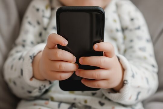 Child holding cell phone, highlighting issue of childrens gadget dependence