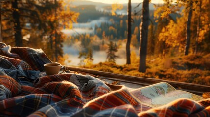 A cozy scene with a blanket, a cup of coffee, and a map. Concept of relaxation and adventure, as the person can enjoy a warm drink while planning their next outdoor excursion - Powered by Adobe