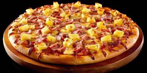 A pizza with ham and pineapple toppings. The pizza is on a wooden board. The pizza is very large...