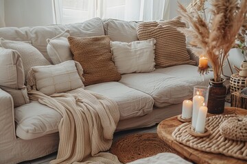 Fototapeta na wymiar Modern boho interior with candles and crochet pillow cases.