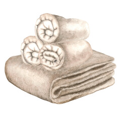 Neatly rolled up terry towel. Hand drawn watercolor illustration of fluffy towel isolated on background. Cotton spa towel for bathroom, sauna, beach. Used for brochure design for health resorts, spas.