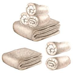 Neatly rolled up terry towel. Hand drawn watercolor illustration of fluffy towel isolated on background. Cotton spa towel for bathroom, sauna, beach. Used for brochure design for health resorts, spas.