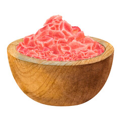 Himalayan pink salt in wooden bowl. Hand drawn watercolor illustration of kitchen utensil with sea salt for spa and relaxation isolated on background. Used for brochure design for health resorts, spas