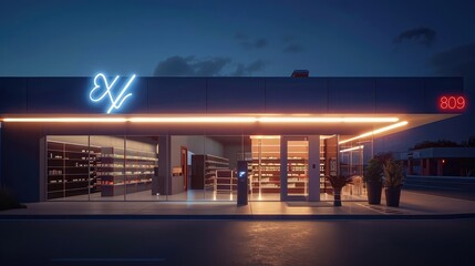 A sleek and modern 24-hour pharmacy building with bright lights illuminating the entrance,