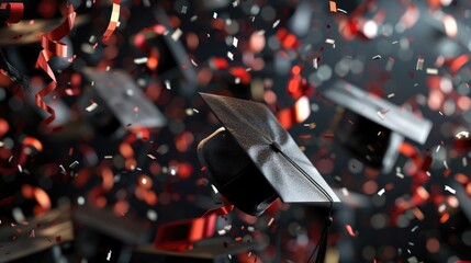A graduation ceremony is taking place with a lot of confetti and black graduation caps flying in the air - obrazy, fototapety, plakaty