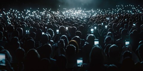 A crowd of people are holding up their cell phones in the dark. Scene is one of excitement and anticipation, as if the people are waiting for something big to happen - obrazy, fototapety, plakaty