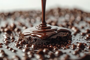 Pouring chocolate on the cake. Food photo, pastry.