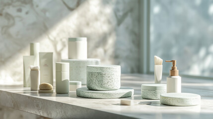 Naklejka premium A display of innovative, biodegradable cosmetic packaging made from seaweed, arranged on a marble countertop. The natural light from the room illuminates the sleek designs, casting