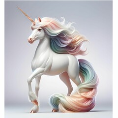 Obraz na płótnie Canvas White unicorn, colorful fur, elegant expression. generative ai illustrations
