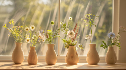 A line of elegant, biodegradable vases made from compressed earth and natural dyes, each holding a simple arrangement of wildflowers. The sunlight filtering through a nearby window