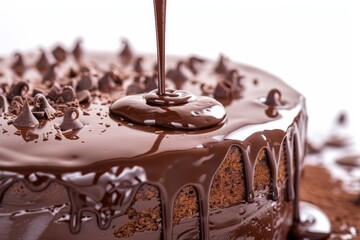 Pouring chocolate on the cake. Food photo, pastry.
