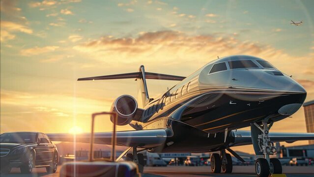 private jet and luxury car at sunset