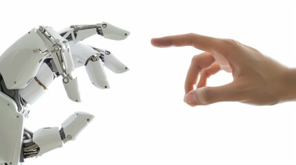 White cyborg robotic hand touch a human hand isolated on white background. AI generated image