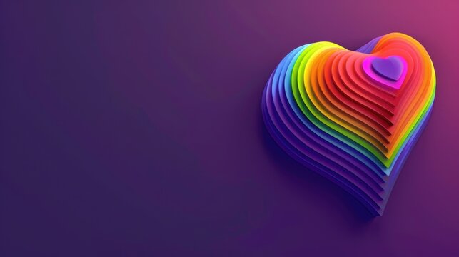 A colorful heart made of rainbow strips is on a purple background. The heart is made of many different colored strips, and it looks like it is made of paper. The image has a fun and playful mood