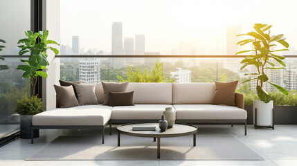 A minimalist lounge area on a balcony, featuring a streamlined outdoor sofa and a coffee table, all against the backdrop of a cityscape. The outdoor setting is softened by the morn
