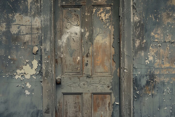 A blue door with a black handle sits in front of a wall with peeling paint