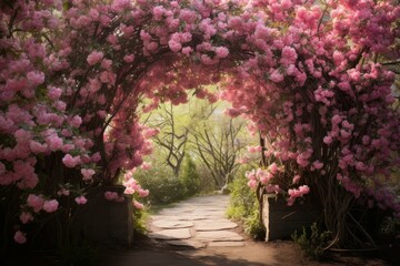 Fototapeta na wymiar Fragrant Spring flowers arch. Green nature park. Generate Ai