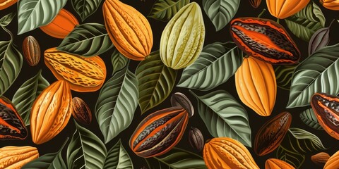 A close up of a bunch of chocolate covered nuts with leaves. The nuts are of different sizes and colors, and the leaves are green and brown. Concept of abundance and richness - obrazy, fototapety, plakaty
