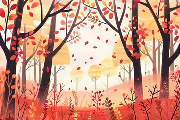 Autumn forest scene with colorful trees, falling leaves, and serene atmosphere.