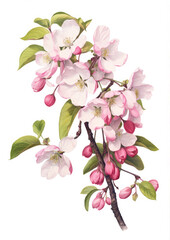 Vintage botanical illustration featuring a branch of cherry blossoms in bloom, exuding elegance and springtime beauty
