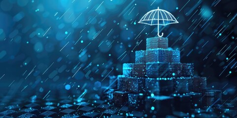 A blue background with a stack of boxes and an umbrella on top. The umbrella is open and the boxes are stacked on top of each other. Concept of protection and shelter from the rain - obrazy, fototapety, plakaty