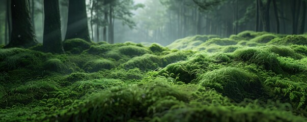 Lush green moss covers the forest floor in a tranquil, mystical woodland scene.