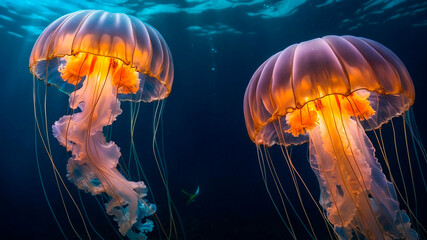 Glowing jellyfish swim deep in blue sea. Medusa neon jellyfish fantasy in space cosmos among stars. 3d render