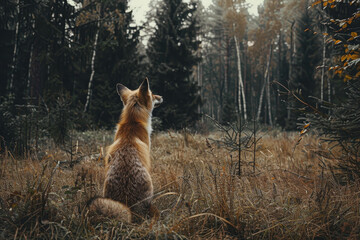 A fox is sitting in the grass in a forest