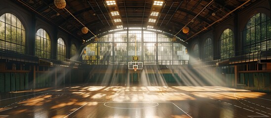 A cinematic wide shot of an old vintage basketball gymnasium with large windows and high ceilings, sunlight streaming in, creating soft shadows on the polished wood floor.